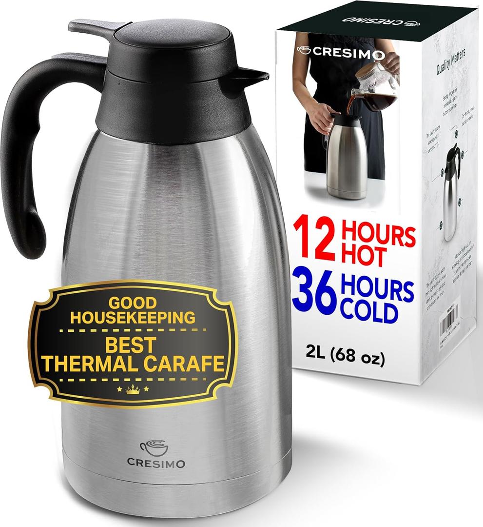Cresimo Thermal Coffee Carafe 68oz / 2L - 12 Hours Hot Beverage Dispenser, Insulated Stainless Steel Carafe for Liquids, Coffee Carafes For Keeping Hot Water Dispenser for Parties - Large Tea Flask (Silver)