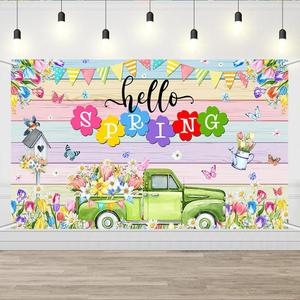 2 x AIBIIN Hello Spring Backdrop Colorful Floral Garden Truck Banner Colorful Spring Tulips Flowers Party Decorations Butterfly Pastel Wood Easter Holiday Party Photo Booth Props 70.8 x 43.3 inch