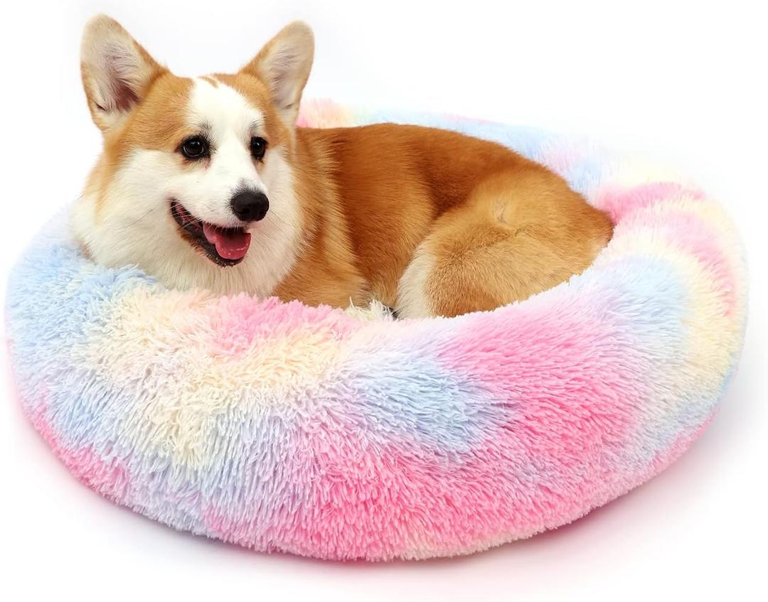 Dog Calming Beds for Small Medium Large Dogs - Round Donut Washable Puppy Dog Bed, Anti-Slip Faux Fur Fluffy Donut Cuddle Anxiety Cat Pet Bed(20'' Color)