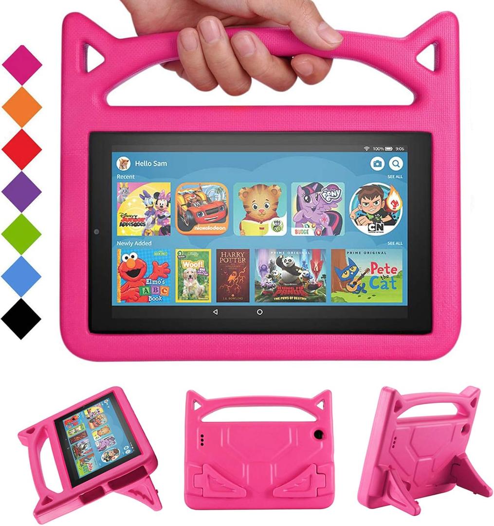 2019 Fire 7 Tablet Case for Kids -SHREBORN Kids Shock Proof Case Cover with Handle and Stand for Amazon Kindle Fire 7 Inch Tablet (Compatible with 9th/7th/5th Generation, 2019/2017/2015 Release), Rose
