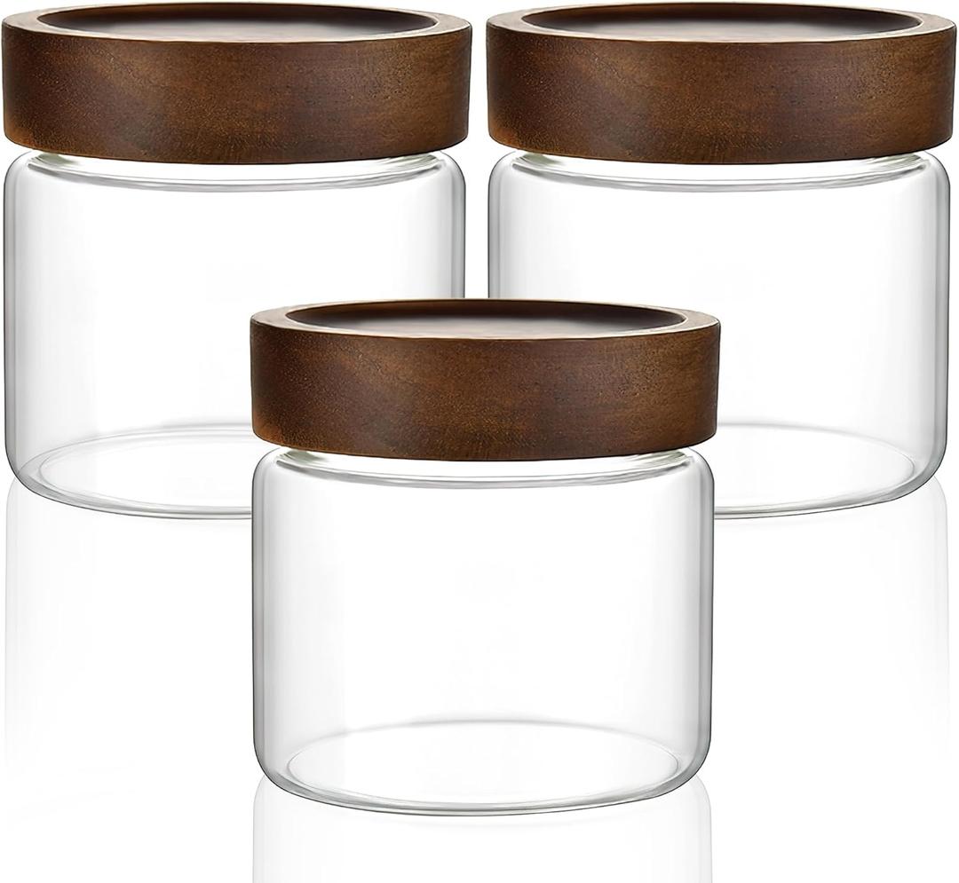 3 Pack 17 fl oz/500ml Clear Glass Storage Canister with Airtight Wooden Screw On Lid, Small Cute Decorative Glass Container Jar Set for Coffee, Candy, Cookie, Condiment, Pepper, Sugar, Oatmeal