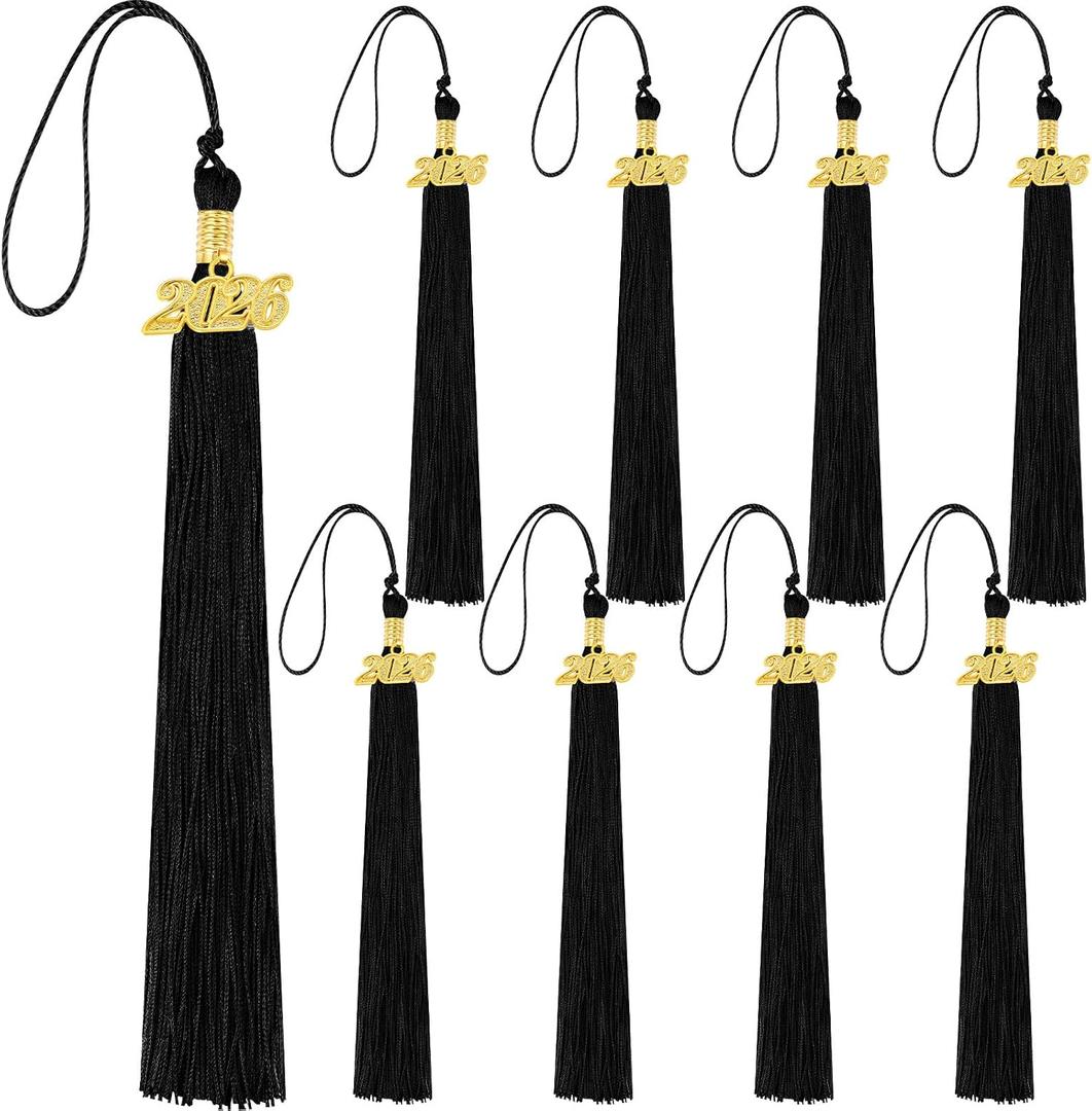 Dingion 8 Pcs Black 2026 Graduation Tassel Class of 2026 Cap Tassel with Gold Year Charm Graduation Cap Decoration for High School College Senior Ceremony Accessories