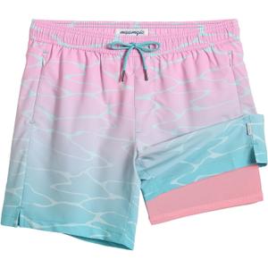maamgic 2 in 1 Mens Swim Trunks 7 Inch Swim Shorts Swim Suits Board Shorts (Large, Gradient Water Ripple-pink Blue)