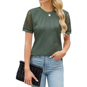 Blooming Jelly Womens Dressy Casual Blouses Short Sleeve Waffle Knit Pleated Business Tops Ladies Summer Trendy Work Shirts (Small, Army Green)