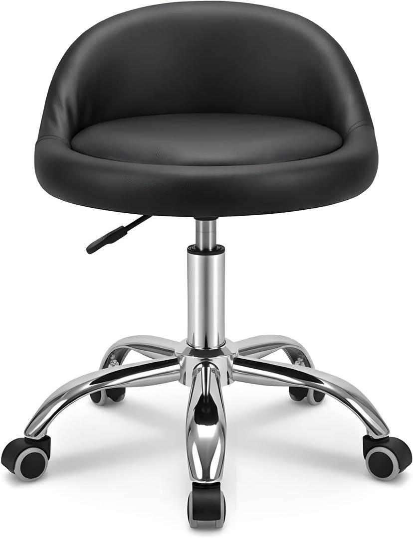 Adjustable Rolling Stool with Backrest, 15" Round PU Leather Swivel Stool, Heavy Duty 400lbs Office Chair with Wheels, for Salon Tattoo Drafting Work SPA Massage Home Office, Black