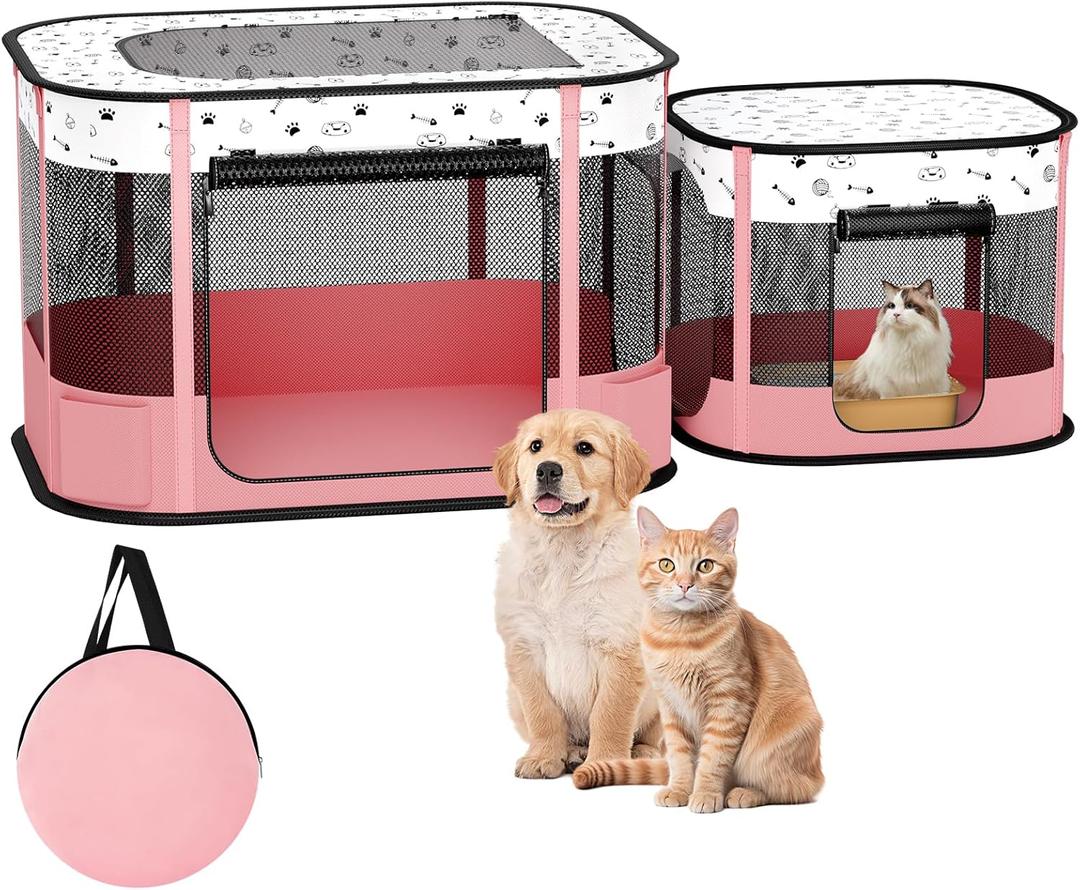 Portable Cat Playpen, 8-Rod Reinforced Kitten Dog Playpens, Foldable Play Pen for Indoor Cats Enclosed Pet Puppy Doggy Outdoor, Collapsible Tent Kennel Cage, Pink