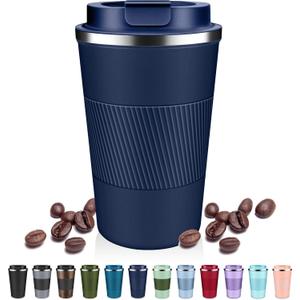 Insulated Coffee Tumblers with Flip Lid 12oz / 17oz, Stainless Steel Travel Coffee Mug Leak Proof, Vacuum Insulated Coffee Mug Reusable Cup, Keeps Cold and Hot for Coffee Tea (Navy Blue)