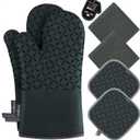 KEGOUU Oven Mitts and Pot Holders 6pcs Set, Kitchen Oven Glove High Heat Resistant 500 Degree Extra Long Oven Mitts and Potholder with Non-Slip Silicone Surface for Cooking (Deep Green)