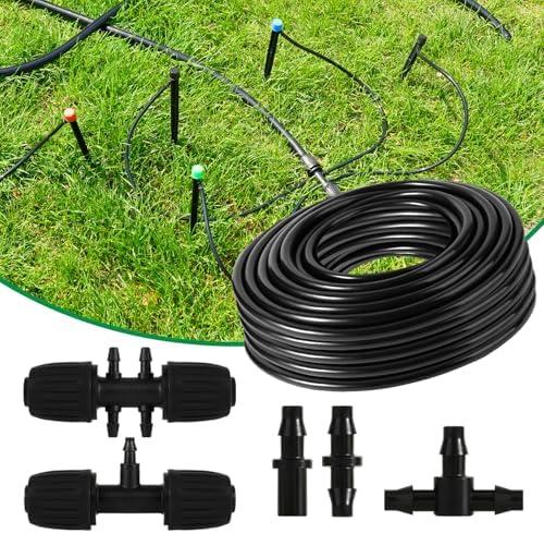 100FT 1/4" Inch Drip Irrigation Tubing Set Includes 1/4 Inch Six Way Barbed Tee Straight Couplings End Plugs Fittings Drip Line Connectors for 1/4 Inch Irrigation Tubing Garden Watering System