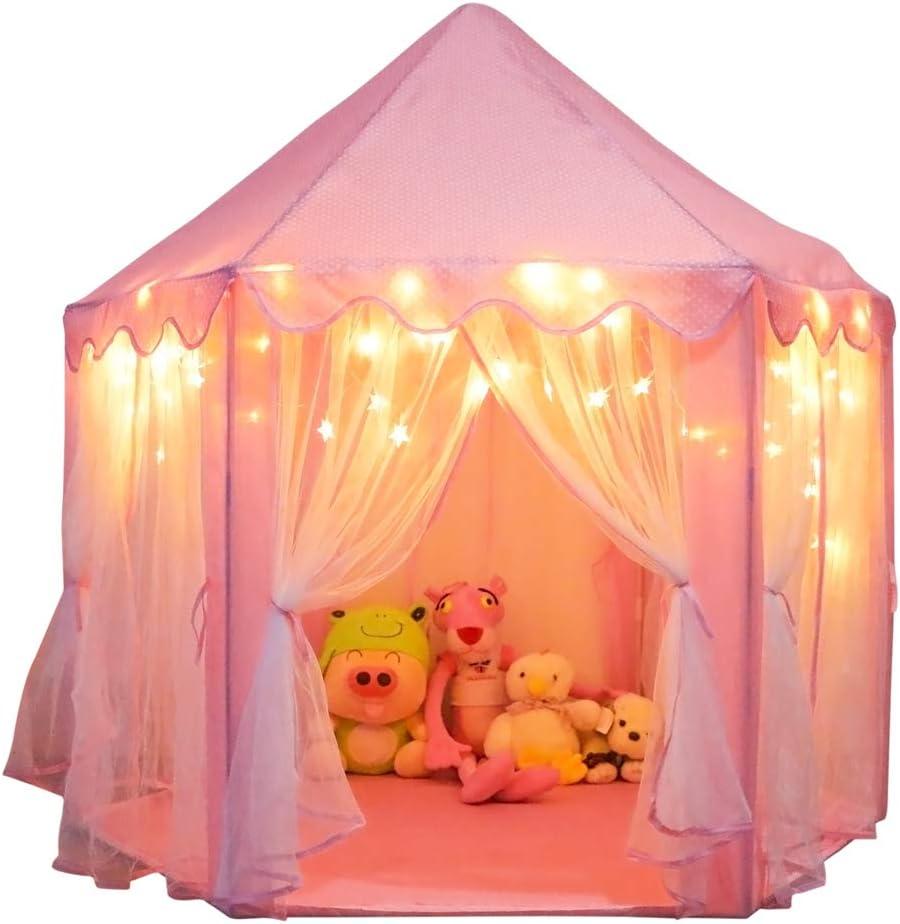 ORIAN Princess Castle Play Tent for Girls, LED Star Lights, Indoor & Outdoor Playhouse, Polyester, Pink, 55" x 53", Toddler & Kids Toys Ages 2-7