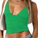 YFANG Women's Sexy Deep V-Neck Ruched Crop Tank Top Slim Fit Spaghetti Straps Crop Top (Green, Small)
