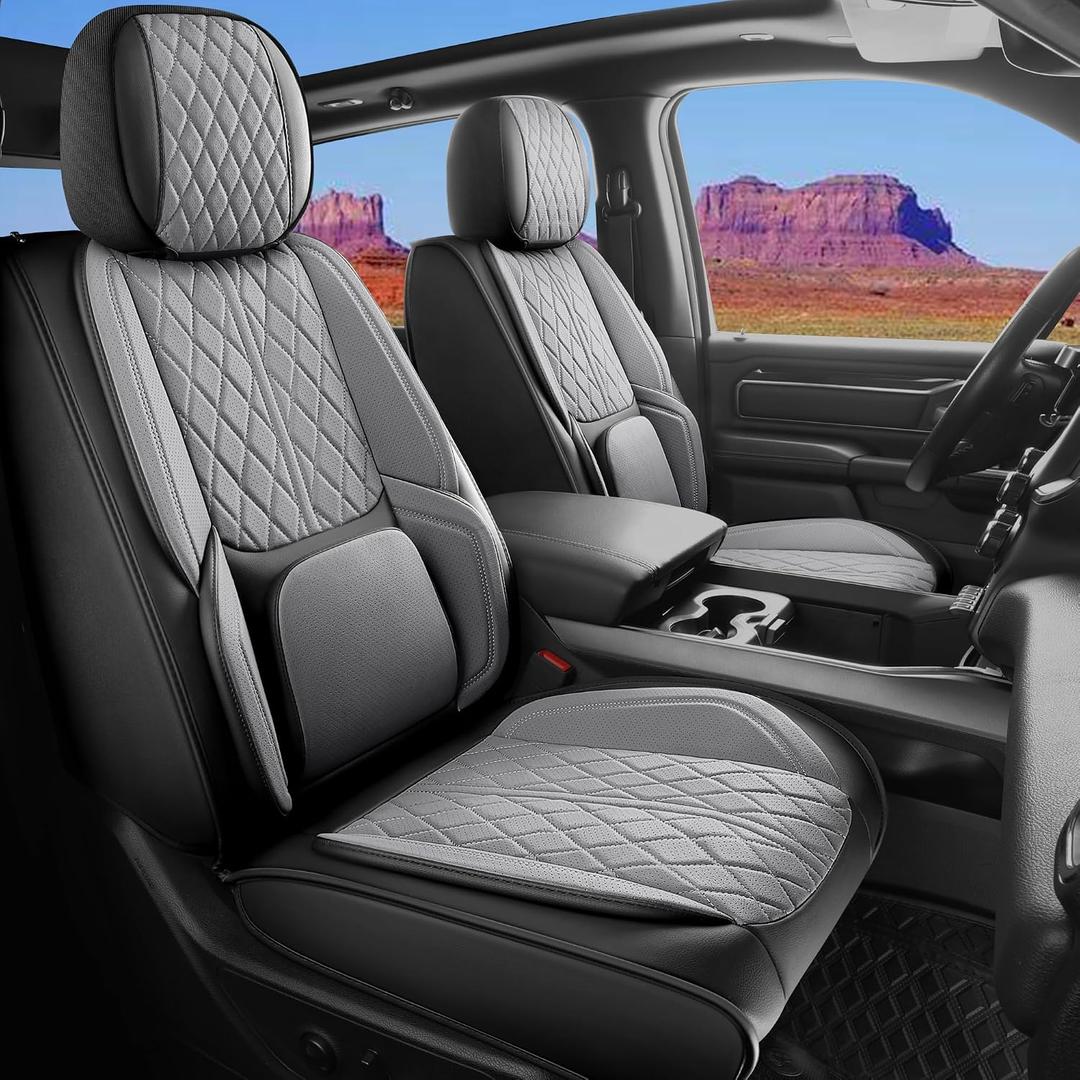 Car Seat Cover Custom Fit for Dodge Ram 1500 2500 3500 2002-2026 Faux Leather Seat Cover Set Compatible with Crew Quad Regular Cab Pickup Truck Cushions (Black & Grey, Front Seat)