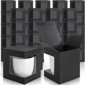 AVLA 50 Pack Mug Boxes for Gifts, Black Sublimation Mugs Packaging Box, 11oz 12oz 15oz Coffee Mugs Boxes with Window for Wrapping Birthdays Wedding Anniversaries Christmas