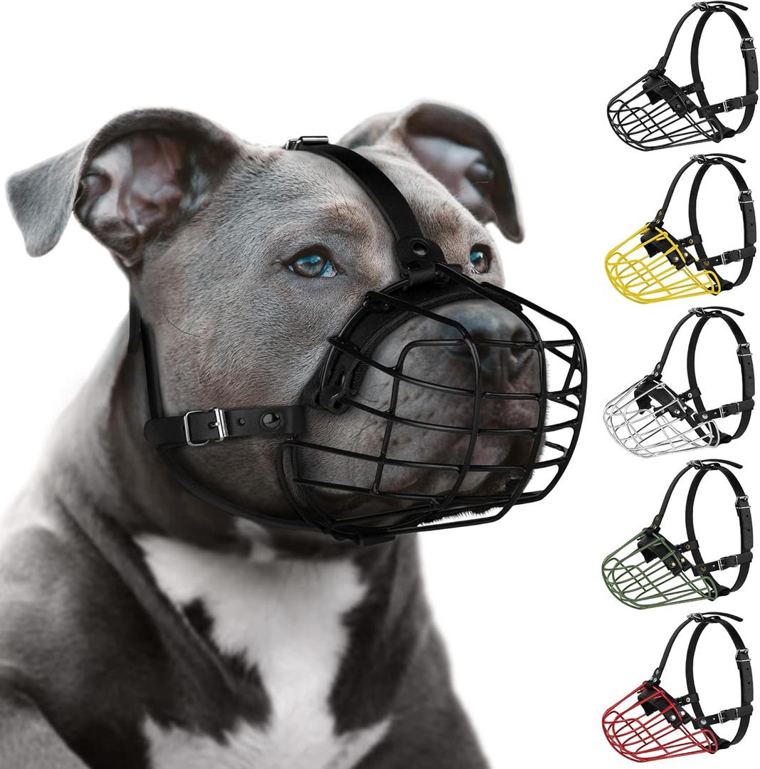 Pitbull Dog Muzzle Metal Mask Amstaff Secure Wire Basket Adjustable Durable Leather Straps for Large Dogs (Black)