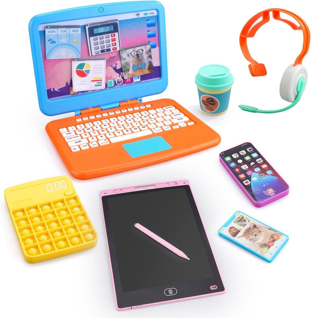 Pretend Play Home Office Set-Toy Kids Laptop,2 Cell Phones,LCD Writing Tablet,Pop Fidget Calculator,Headset & Beverage Cup for Toddlers(Ages 3+)-Work Simulation Play