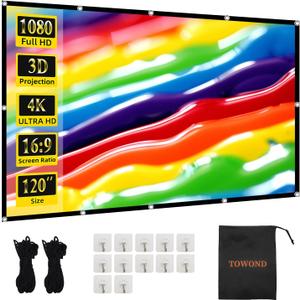 TOWOND Projector Screen 120 inch, Wrinkle-Free and Foldable Projection Screen 16:9 HD 4K Portable Movies Screen for Home Theater Outdoor Indoor Support Double Sided Projection