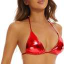 Halter Metallic Crop Top Shiny Triangle Bralette Rave Bra Swimsuit Top (Red, XL)