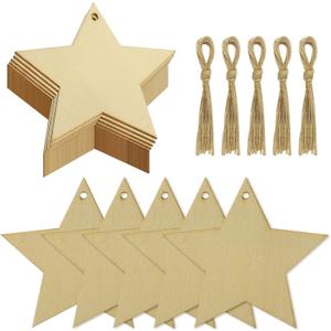 obmwang 50 Pieces Natural Wooden Star Cutouts Unfinished Predrilled Wooden Star Embellishments with Natural Twine for Christmas, DIY Craft, Party Decoration