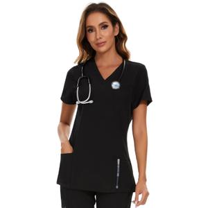 COZYFIT Scrub V-Neck Tops for Women, Soft Stretch Women's Tops Easy Care with 3 Pockets, Size S, Black