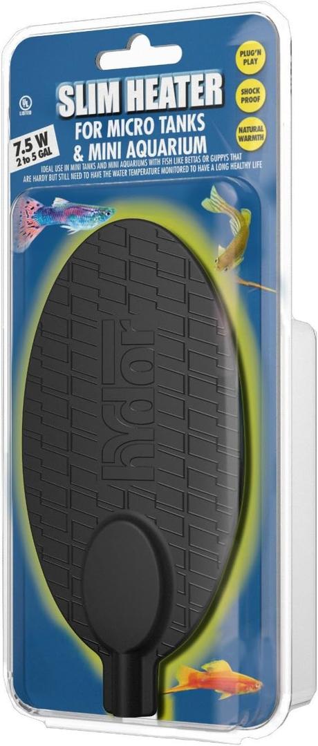 Hydor Betta Bowl Slim Fish Tank Heater, 15-watt, measures 3 3/16 x 6 1/8 inches oval, black; For tanks 5-10 gallons