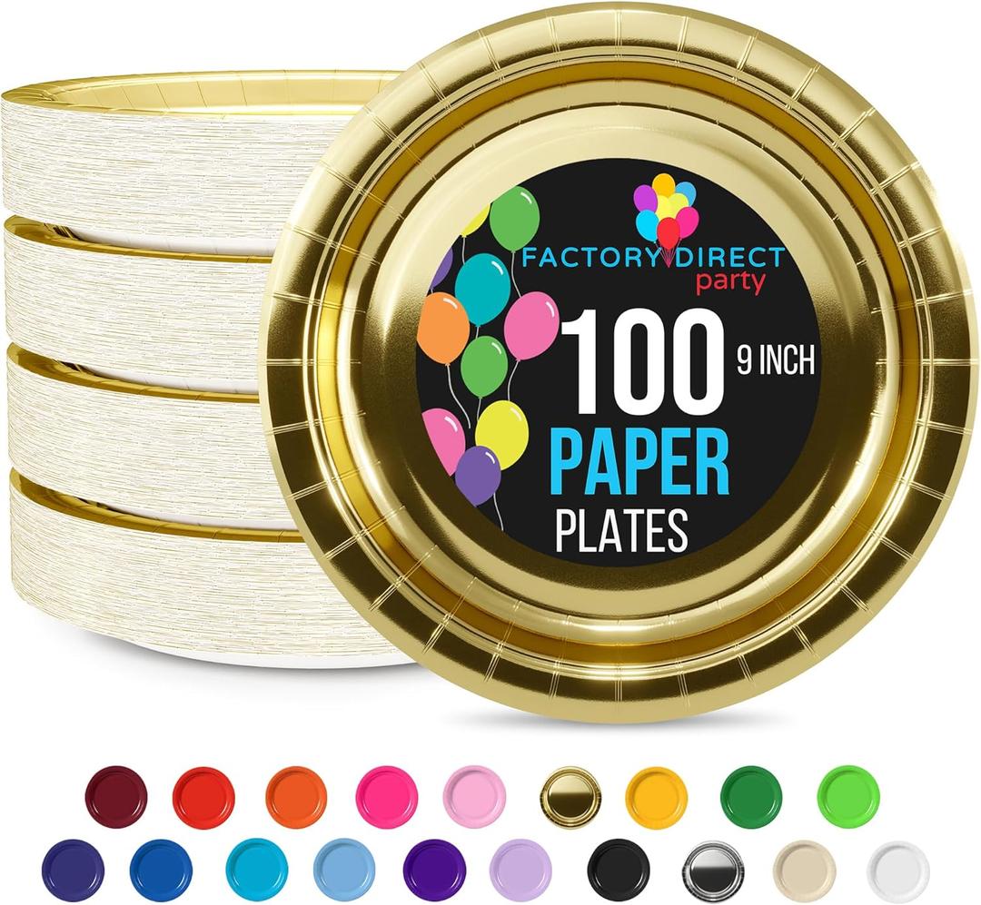 Exquisite Gold Paper Plates Disposable Heavy Duty 9 Inch Gold Disposable Plates For Party 100 Pcs Heavy Duty Paper Plate 350 GSM, Birthday Party Supplies Plate Set