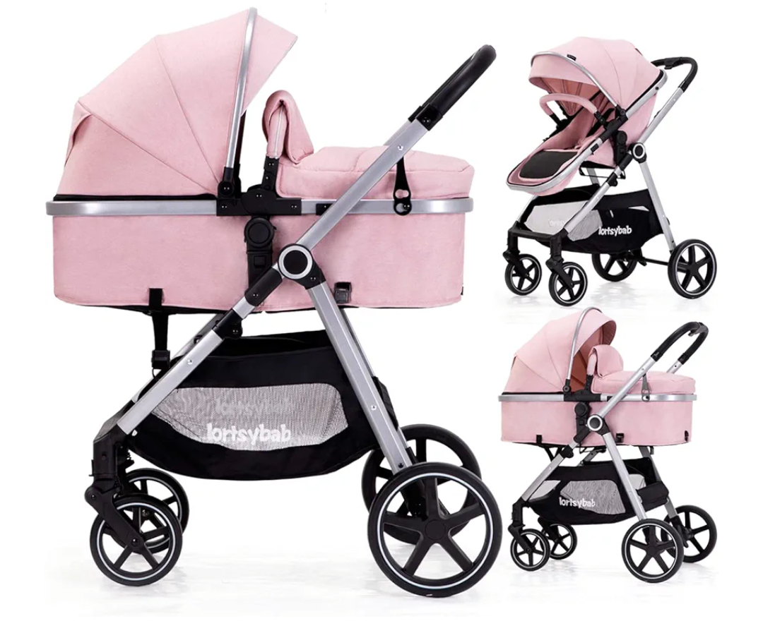 2-in-1 Baby Stroller with Bassinet Mode - Folding Infant Newborn Pram Stroller with Reversible Seat - Toddler Strollers for 0-36 Months Old Babies (Pink)