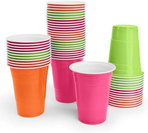 xo, Fetti Pink, Orange + Green Plastic Cups - 50 Disposable 16 oz Cups |Final Fiesta Bachelorette Decorations, Rave Birthday Party Favors, Cinco de Mayo Neon Drinkware Supplies