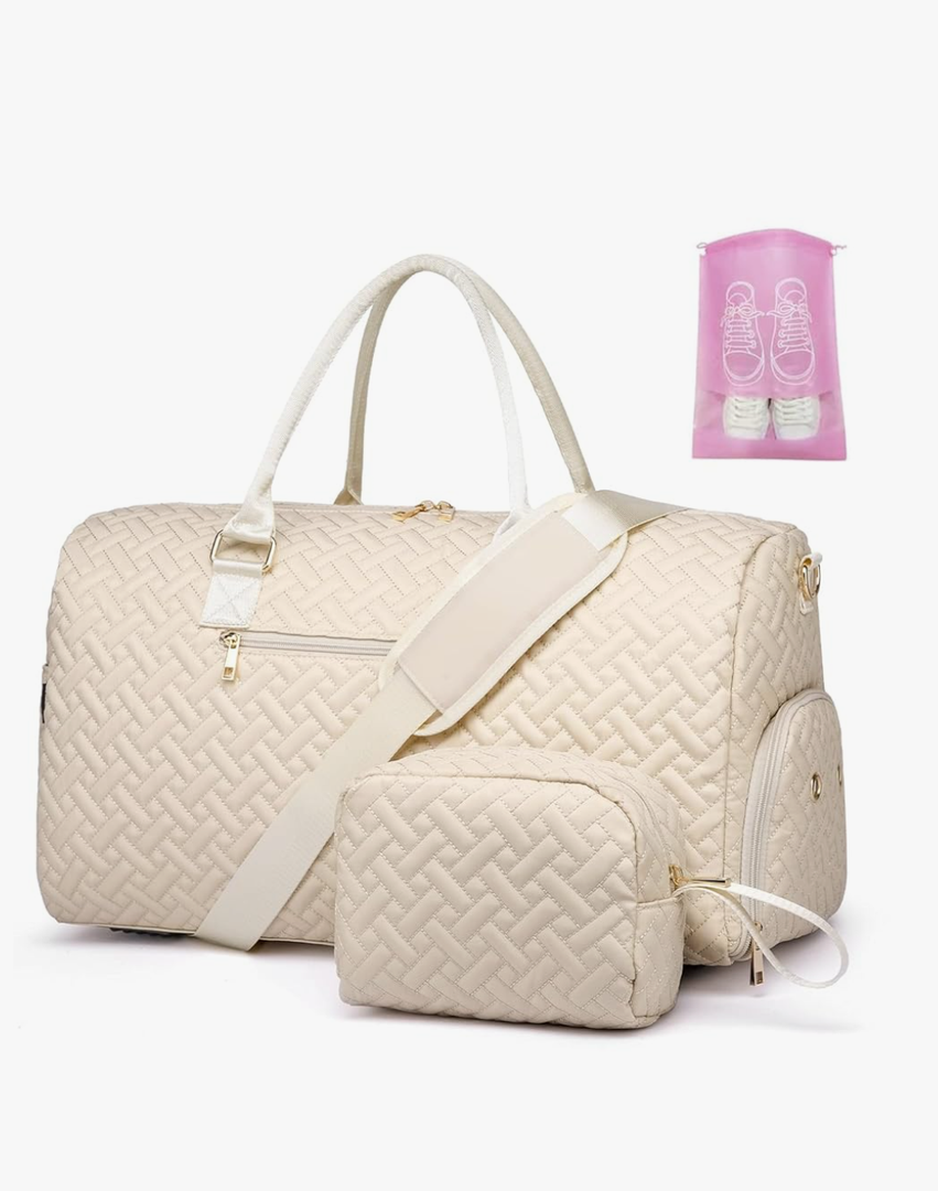 Duffle Bag for Travel, Weekender Bag with Shoe Compartment, Carry On Overnight Bag for Women with Toiletry Bag, Gym Bag with Wet Pocket, Hospital Bags for Labor and Delivery Beige