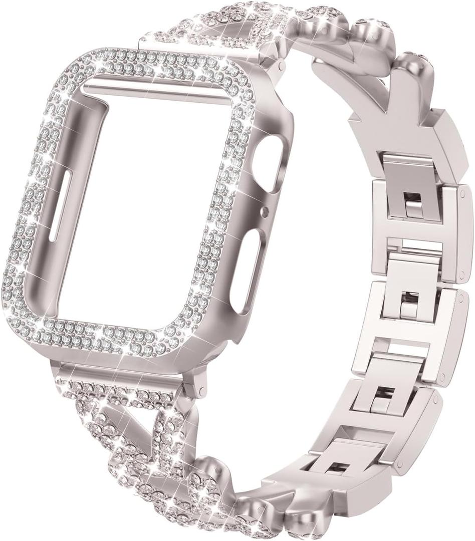 Rhinestones Encrusted Metal Bracelet and Case, Compatible with Apple Watch Bands 38mm-49mm (Series 11/1/SE/Ultra 2)- Bling Gold Women's Jewelry Strap, Luxury iWatch Bracelet with Screen Protector