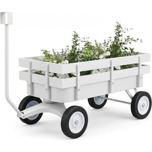 All-Terrain White Wagon Cart for Wedding Flower Girls, Heavy Duty Steel Utility Garden Cart with Handle and Removable Wooden Side Panels (White)