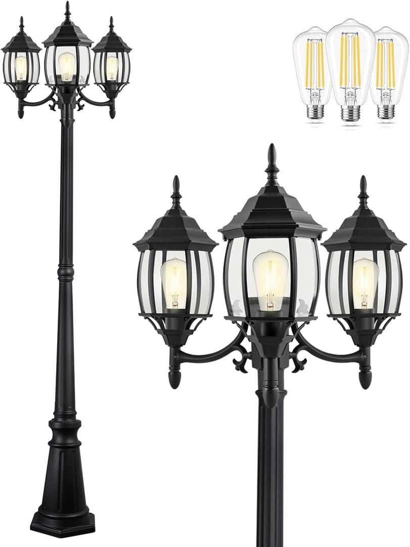 PARTPHONER Outdoor Lamp Post Light 3-Head, Classic Black with Clear Glass Panels, E26 Base Maximum 100W (3 LED Bulbs Included), Waterproof Street Light for Backyard, Garden, Driveway