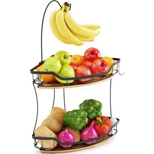 2 Tier Fruit Basket for Kitchen Counter with 3 Banana Hangers, Vegetable Holder with Bamboo Base for Kitchen Corner Storage, Black