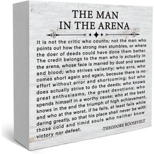 Inspirational Quote the Man in the Arena Wood Box Sign, Motivational Office Gifts for Men Coworker Employee Friend, Motivational Office Wall Art Rustic Wooden Sign for Desk Shelf Table Decor
