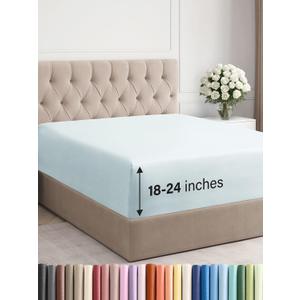 Extra Deep Queen Fitted Sheet - Hotel Luxury Single Fitted Sheet Only - Easily Fits 18 inch to 24 inch Mattress - Ultra Soft, Wrinkle & Fade Free w/Extra Deep Pockets - Breathable & Comfy - Ice Blue