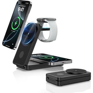 Wireless Charger for Apple Charging Station, Dual MagSafe Charger for iPhone 16 Pro Max/14/13/12/AirPods, 3 in 1 Foldable iPhone Charging Station, Watch Charger for Apple iWatch Series (for Travel)
