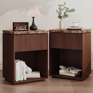 Marble Nightstand Set of 2, Wooden End Table with Fluted Drawer&Faux Marble-Top, Mid Century Modern Fluted Night Stand with Rounded Edge for Bedroom, Living Room, Office, Walnut, Dark Oak