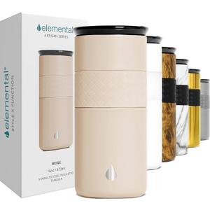 Elemental Artisan Insulated Tumbler, Triple Wall Coffee Travel Mug, Reusable Stainless Steel Coffee Tumbler with Ceramic Lid, Thermal Coffee Cups for Hot (6 Hrs) & Cold (18 Hrs), 16oz - Beige