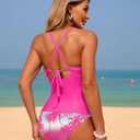 ZAFUL Tankini Swimsuits for Women Smocked Two Piece Tankinis Modest Tummy Control Bathing Suit Adjustable Straps Push Up Swimsuits with High Waisted Bottom Slimming Full Coverage Swimwear Hot Pink S