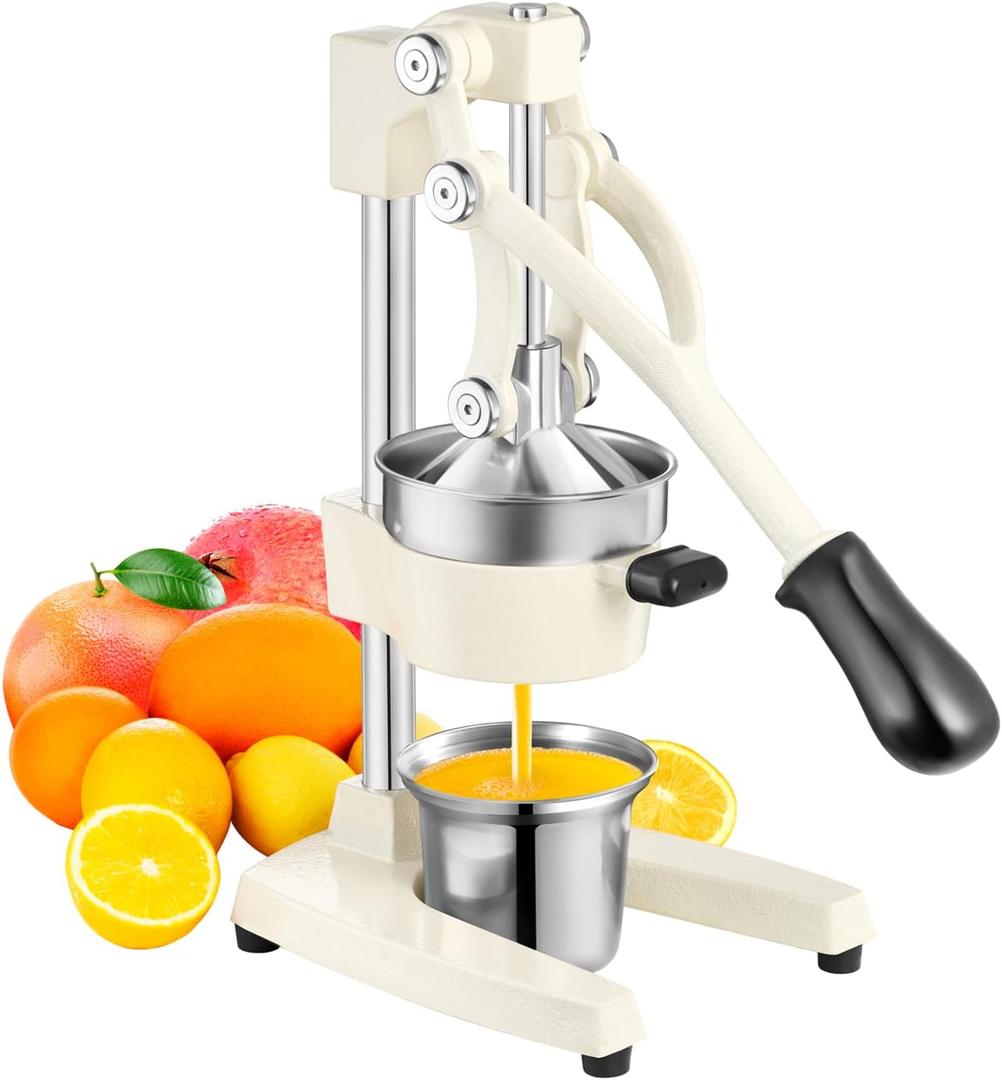 Commercial Heavy-Duty Cast-Iron Hand-Press Manual Juicer Squeezer for Orange Lemon Lime Pomegranate Citrus Fruits with Stainless Steel Cup, Grapefruit Juicer, Orange Press, White
