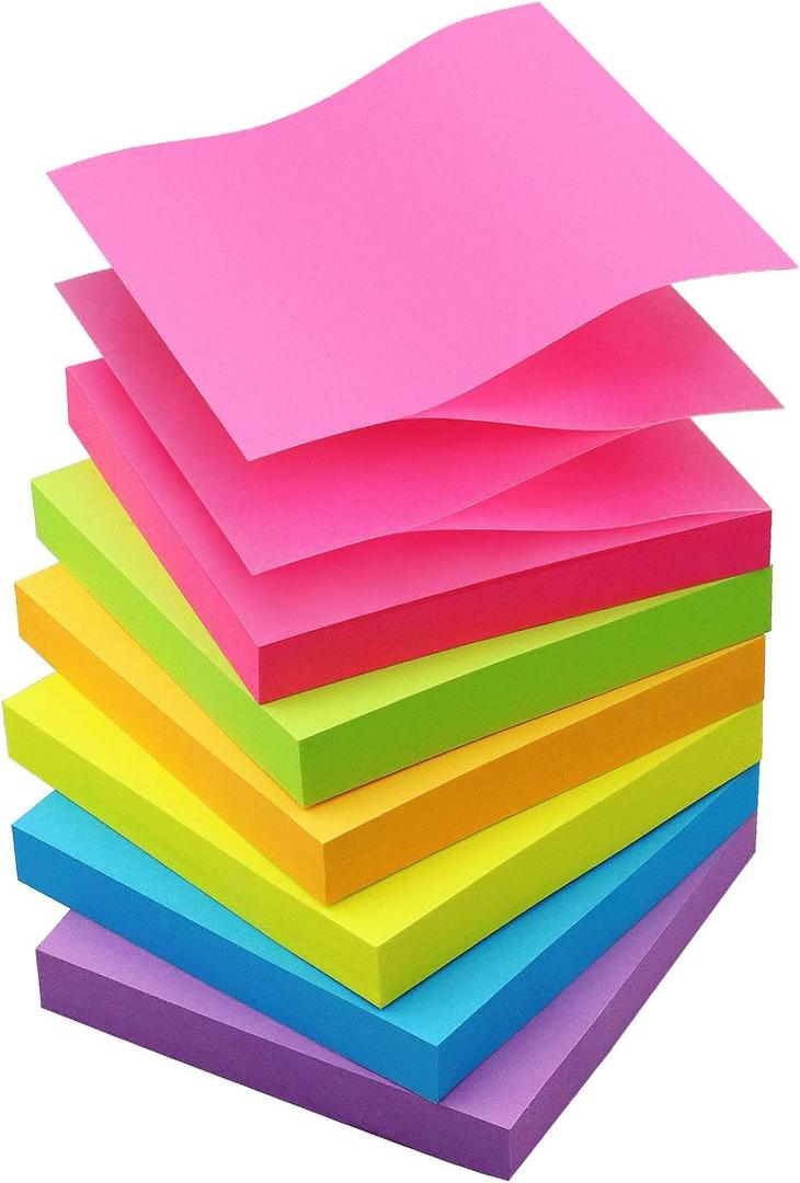 Sticky Notes 3x3 Pop Up Self-Stick Notes Pads with 6 Bright Colors, Easy to Post for Office, School, Home, 6 Pads/Pack, 100 Sheets/Pad(Pop Up) (Pink, Yellow, Green, Blue)