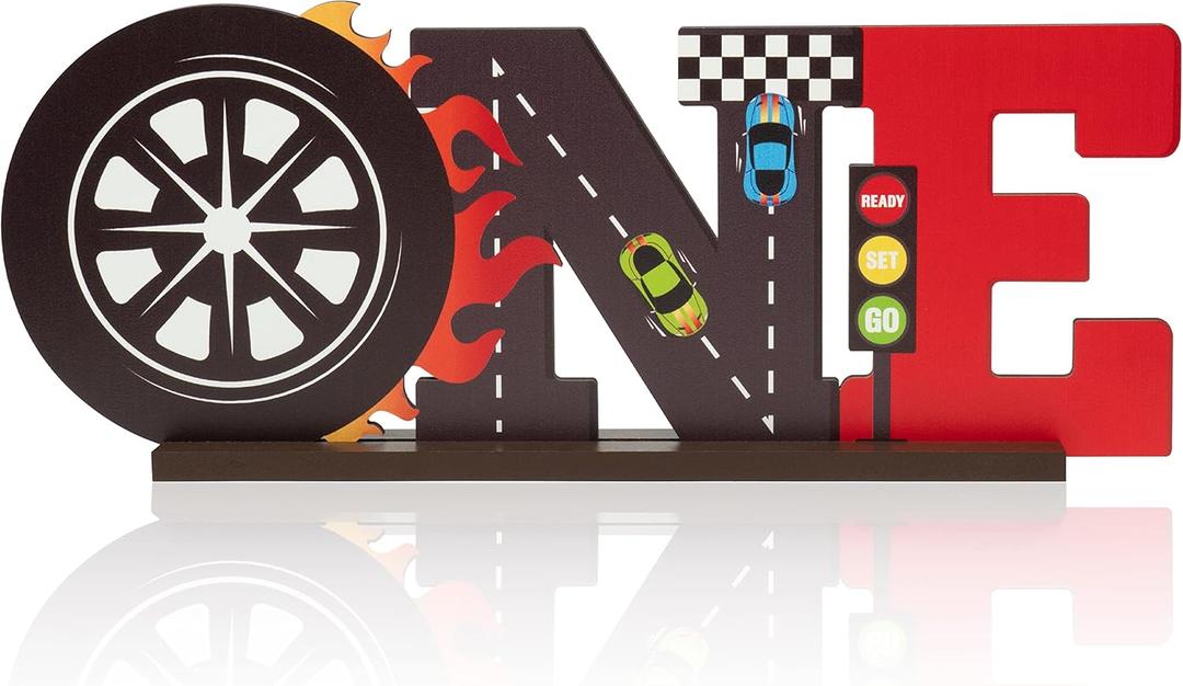 Race Car ONE Letter Sign Wooden Table Centerpiece Lets Go Racing Checkered Theme 1st Birthday Party Decoration Supplies Milestone Cake Smash Baby Shower Photo Prop Table Decor for Baby Boys