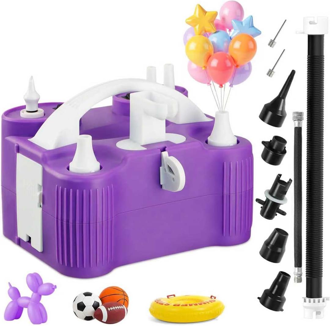 4-in-1 Electric Balloon Pump for All Balloons,Portable Dual Nozzle 600W Air Pump for Balloons,High Power Balloon Blower for Latex Foil 260q Mylar Balloon,Inflation Pool Float and Sports Balls (Violet)