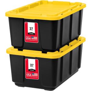 IRIS USA 2-Pack 27 Gallon Storage Bins with Lids |Made in USA| Heavy Duty Plastic Tote Containers for Truckbed Tool Box Organization, Large - Black/Yellow