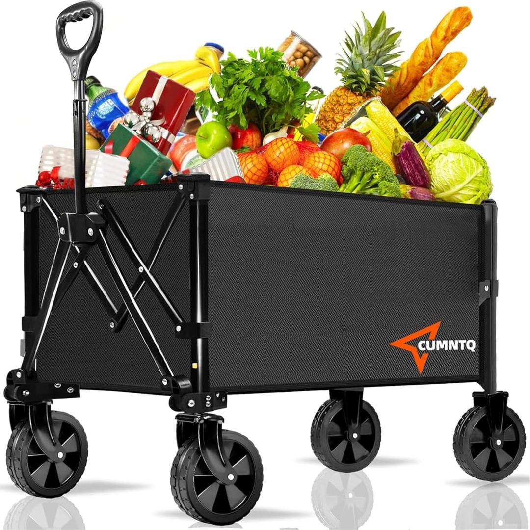 CUMNTQ Wagons Carts Foldable, 350lbs Weight Capacity Collapsible Wagon with All-Terrain Wheels, Grocery Cart on Wheels for Shopping Camping Garden Sports Beach, Black