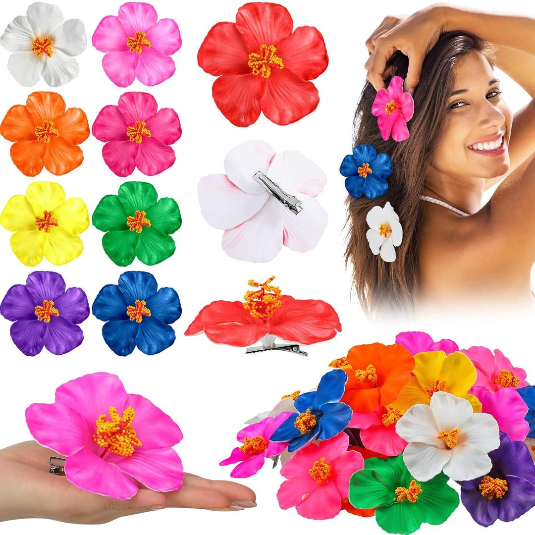 45 Pcs Hibiscus Hawaiian Flowers Hair Clips - Bridal Wedding Party Beach Vacation Outfit Decorations, Assorted Colors, 3.15-3.54 Inch
