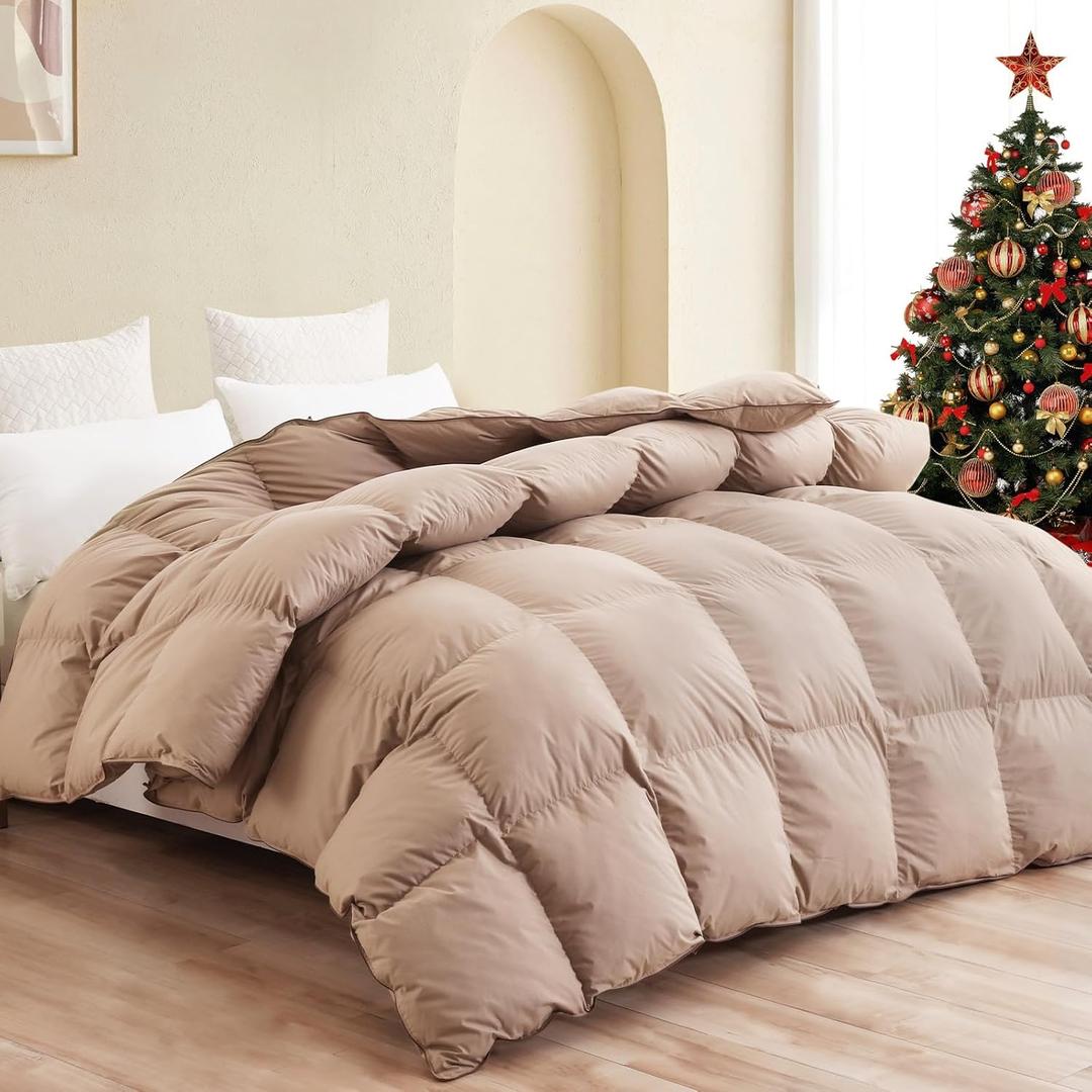 SNOWMAN Premium Down Comforter King Size, Luxurious All Season Duvet Insert with Cotton Blended Fabric, 44oz Fill Weight 3D Baffle Box Design Hotel Bedding Comforter (Khaki,106"x90")