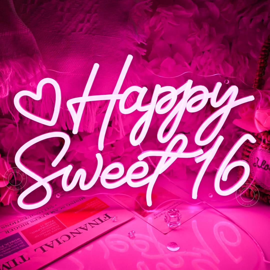 SYLHOME Happy Sweet 16 Led Neon Light Sign Happy 16th Birthday Party Backdrop Wall Sign Decor Sixteen Birthday Banner 15.75" X 10.24" USB Pink