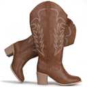 Women's Extra Wide Calf Cowboy Boots Embroidered Western Cowgirl Knee High Boots, 10 Brown