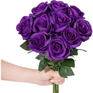 LFF 10Pcs Royal Purple Roses Artificial Flowers, Faux Silk Roses with 21.2" Long Stems & 2.36" Large Blooms, Lifelike Fake Roses for DIY Wedding Bouquet Home Party Vase Filler Table Centerpiece Decor
