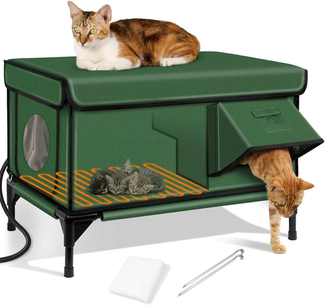 Heated Cat House for Outside,Dual Camera Mounts,100% Weatherproof & Extremely Insulated,Elevated Feral Cat Shelter with Escape Door,Waterproof Eaves for Outdoor Stray Barn Cat(Army Green,L) (25.6"L x 16.5"W x 18.5"H)